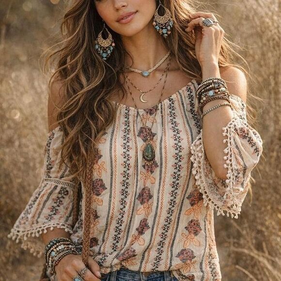 Laura Scott Tops - Boho Hippie Peasant Blouse | Bell Sleeves | Lace Trim | Cottagecore/festival